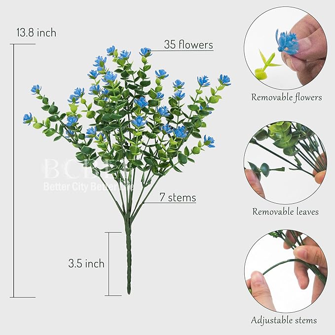 BCBLF Artificial Flowers for Outdoors, 12 Bundles UV Resistant Realistic Faux Plants for Outside Porch Planter, Spring Summer Home Garden Decoration, Blue