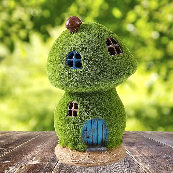 Darkdec Mushroom Fairy House Decor - Figurine Lights Outdoor Solar Fairy Garden House for Patio Lawn Yard Ornaments, Housewarming Gift 7.4 inch