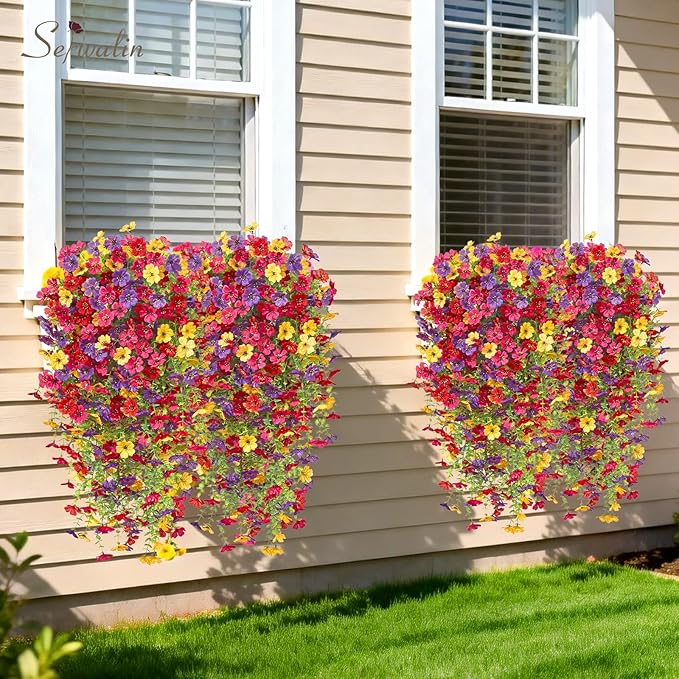 Serwalin 12PCS Artificial Fall Flowers for Outdoors Decoration, Realistic Silk Artificial Fall Hanging Flowers for Patio, Garden, Porch, Window, Outside (Spring Color,12PCS)