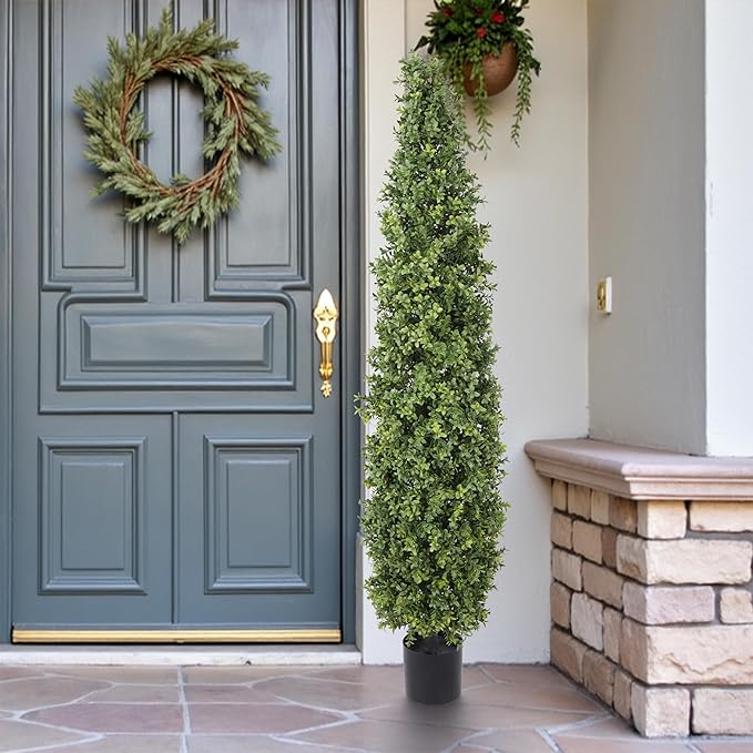 Yuwinron Artificial Boxwood Topiary Tree 5FT Fake Topiary Tree Faux Potted Topiary Plant for Porch Home Garden Decor 2Pack