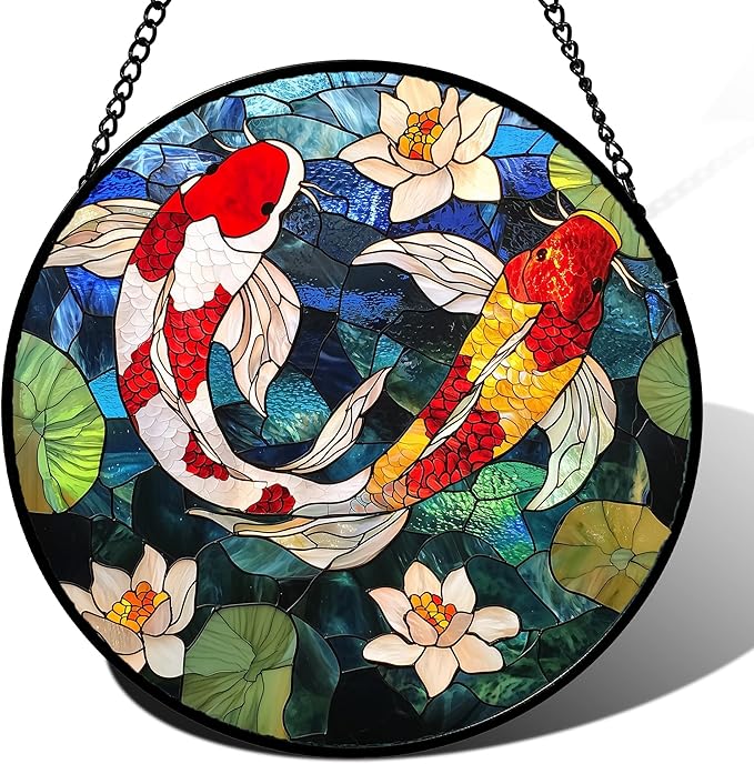 AMDERVEN Stained Glass Window Hanging, Koi and Lotus Sun Catcher for Door Home Decor Fish Suncatcher Christmas Mother's Day Birthday Gifts for Women Men Mom and Nana 9.8 in
