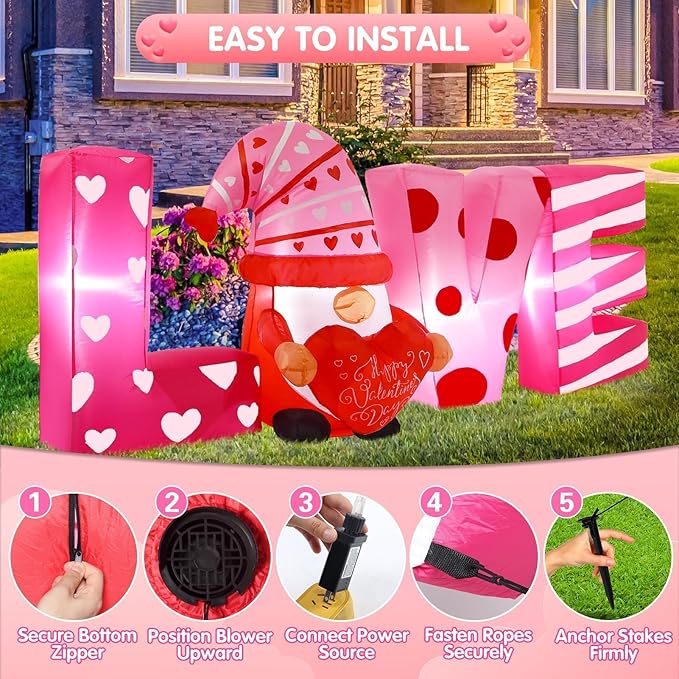 Valentine Inflatable Yard Decoration 6ft Love Gnome Romantic Outdoor Blow Up Décor with LED Lights for Indoor Outside Use Perfect for Valentine’s Day Wedding Holiday and Party