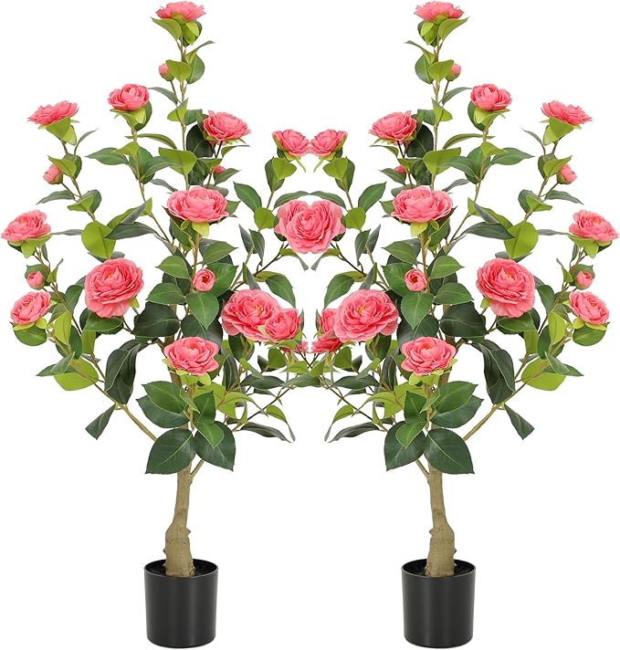 Nafresh 3FT Lush Artificial Pink Camellia Tree Outdoor 2 Pack, 36inch Faux Camellia Plant, Fake Camellia Flowers Tree for Indoor Outdoor Living Room Home Patio Front Door Garden Decor