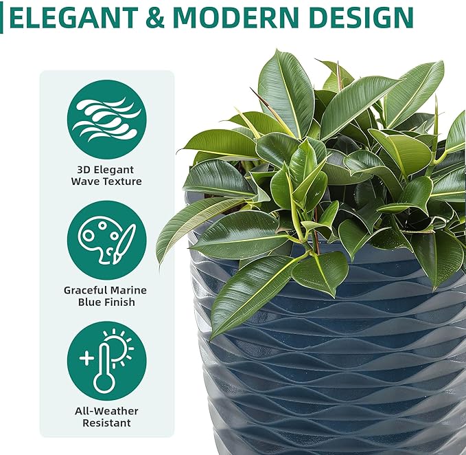 Ultym 19" H Coastal Planter for Indoor/Outdoor Plants, Set of 2 Large Flower Pot with Drainage Hole, Weather/UV Resistant Resin Planters for Garden Patio Porch Home office Decor, Glossy Navy Blue Wavy
