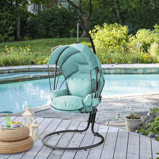 Barton Deluxe Hanging Chair Aqua w/Canopy Sun Shade Deep Cushion Lounge Seating Outdoor Indoor Patio Bedroom Hanging Swinging