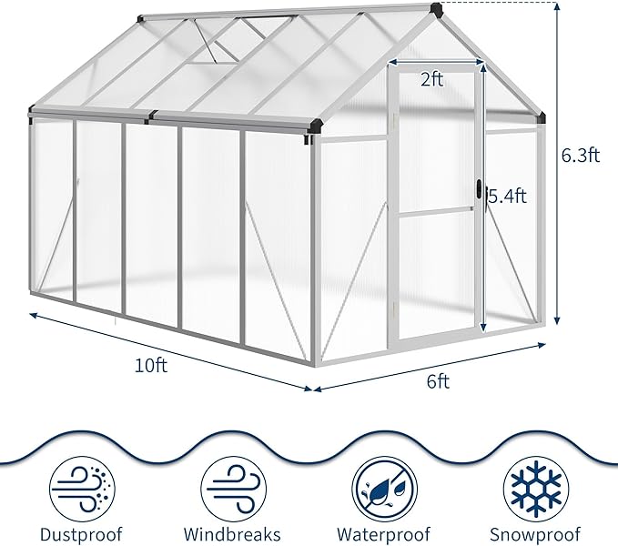6X10 FT Greenhouse for Outdoors, Polycarbonate Flower Greenhouse with Roof Vent, Push-Pull Lockable Door, Aluminum Walk-in Greenhouses for Outside Garden Backyard, Patio, Lawn, Silver