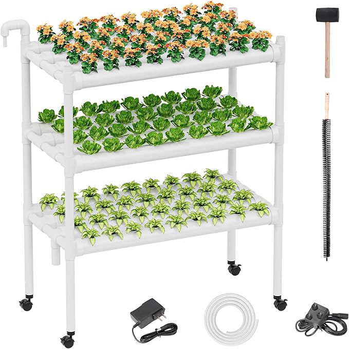 SPECILITE Hydroponics Growing System with Wheels, 3-Tier 108 Plant Sites Food-Grade PVC-U Pipes Gardening kit for Leafy Vegetables, Lettuce, Herbs, Water Pump, Indoor, Outdoor