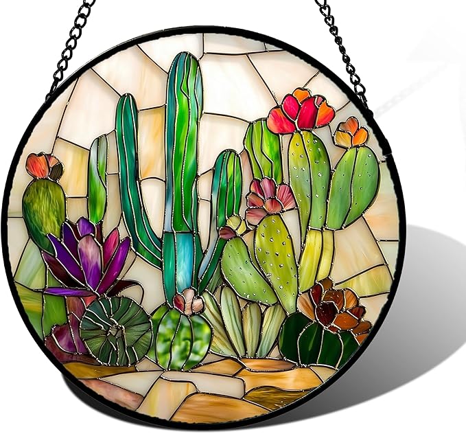DASTOLL Stained Glass Window Hanging, White Green Cactus Suncatcher Diamond Glass Panel Hangings Sun Catchers Decor for Birthday for Women, Men, Wife, Aunt, and Mom 9.8 in