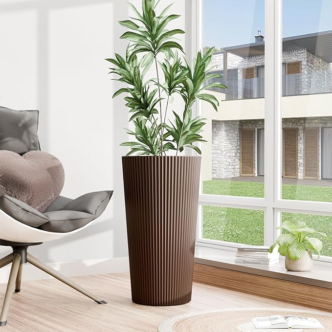 Diyfire Tall Outdoor Planter Front Porch Decor Set of 2-23.6" H Tall Planters for Outdoor Plants with Drainage Hole, Round Conical Design Flower Pots for Indoor/Patio/Garden, Brown