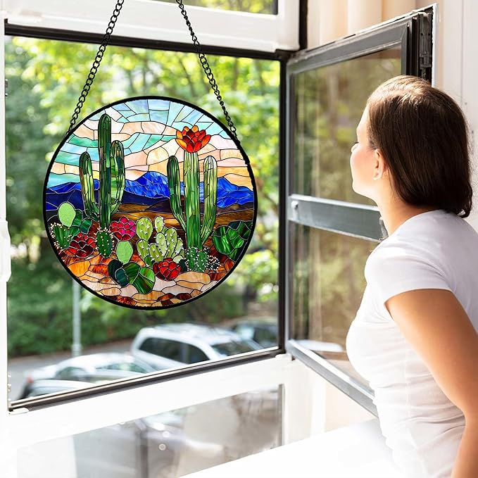 DASTOLL Stained Glass Window Hanging, Green Cactus Suncatcher for Doors Window Home Plant Landscape Sun Catchers Decoration Mother's Day Birthday Gifts for Women, Men, and Mom 15 in