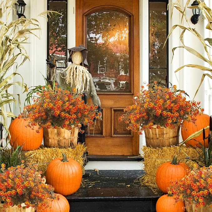 Grunyia 12 Bundles Artificial Fall Flowers for Outdoors Fake Plants - Faux Outside Greenery Boxwood No Fade Plastic Shrubs Decor Farmhouse Home Garden Thanksgiving (Fall Red)