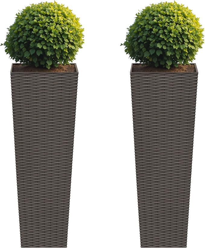 Flamaker Resin Rattan-Design Planters Set of 2, 32'' Tall Flowerpot with Additional Pot for Soil, Durable Weather-Resistant Planter with Drainage Holes for Garden, Patio, Backyard (Brown, Large)