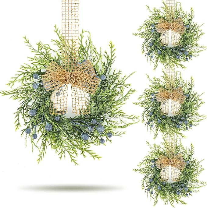 4 PCS Small Winter Blue Berry Cabinet Wreath Artificial Mini Kitchen Wreaths Vintage Swags Wreath with Retro Burlap Ribbon for Farmhouse Rustic Home Front Door Window Pillar Wedding Chair Wall