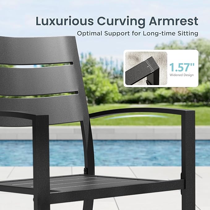 PHI VILLA 7 Pieces Outdoor Patio Dining Set for 6, 54”Round Black Metal Steel Table with Umbrella Hole & Stacking Wrought Iron Chairs, Modern Outside Furniture for Deck, Yard, Porch