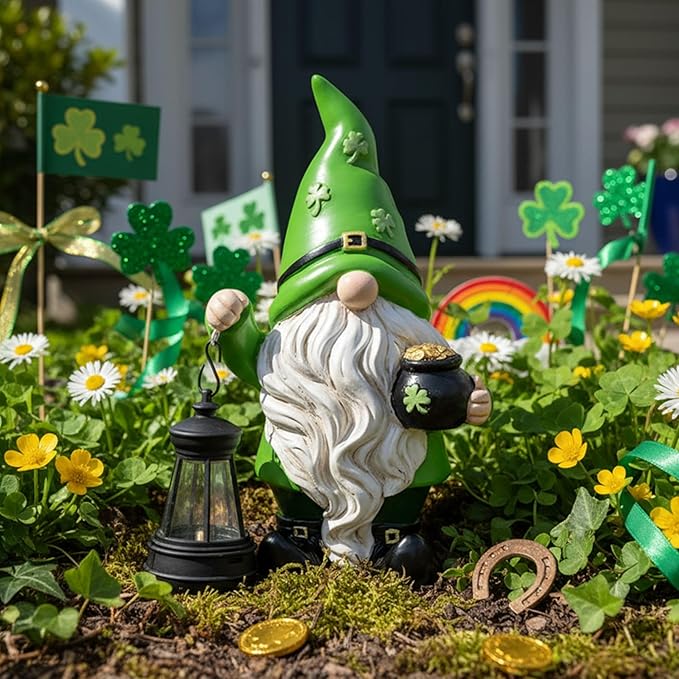 TERESA'S COLLECTIONS St Patricks Decorations for Outdoor Decor, Resin Garden Gnome Holding Lantern with Solar Lights for Porch,Shamrock Leprechaun Figurine for Outside, Irish Gifts for Home,10"