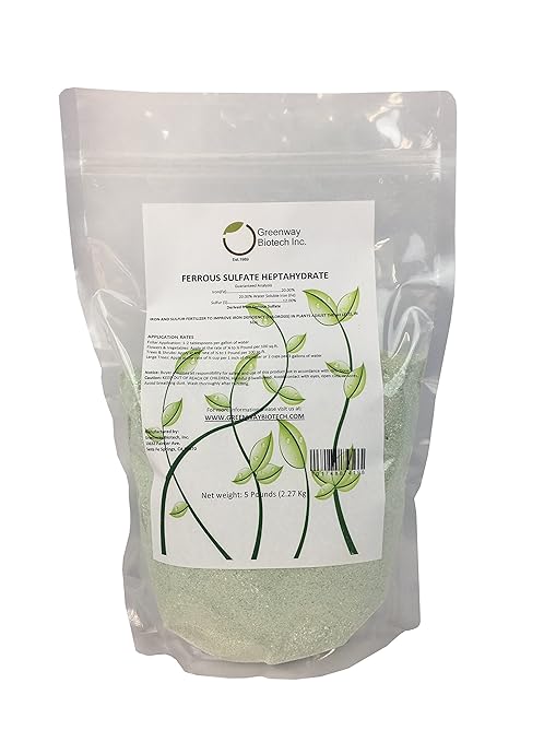 Greenway Biotech, Inc. Ferrous Sulfate Heptahydrate Fertilizer Includes 20% Iron (Fe) 12% Sulfur & 100% Water Soluble Powder- Organic Lawn Fertilizer for Vegetables and Plant Growth - 5 Pounds