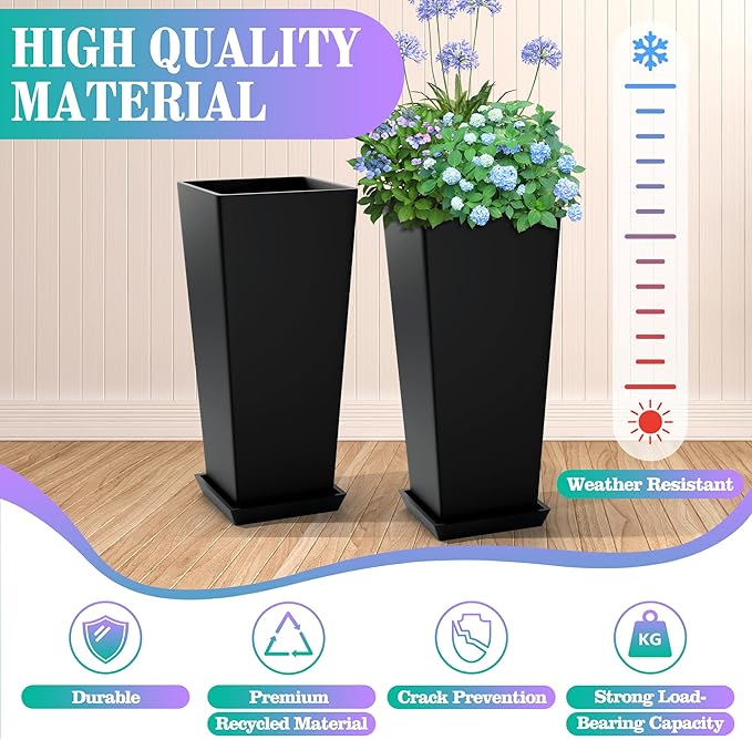 TUYOHW 24 Inch Tall Tapered Square Planters (Set of 2) - Indoor Outdoor Large Flower Pots with Built-in Drainage & Matching Water Tray for Patio, Garden, Home - Black
