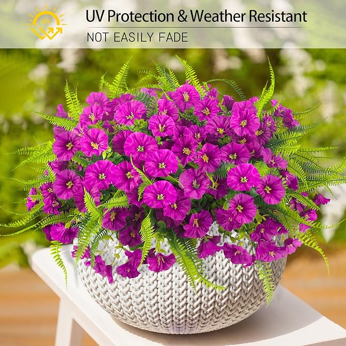 HIAGROW Artificial Flowers Outdoors 12 Bundles Artificial Petunias Fake Flowers UV Resistant Shrubs Plants with Fern for Indoor Outside Hanging Planters Home Garden Summer Decorations (Magenta)