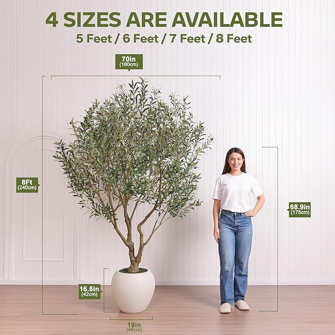 VeriNatural Artificial Olive Tree 8FT Faux Plant Home Decor - Large White Pot with Lifelike Silk Leaves, UV Resistant & No Maintenance - Indoor Outdoor Fake Tree for Modern Office Living Room,VN206