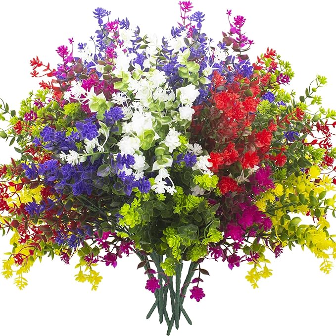 Grunyia Artificial Flowers, 12 Bundles Outdoor Fake Flowers for Decoration UV Resistant Faux Plastic Plants Garden Porch Window Box Décor