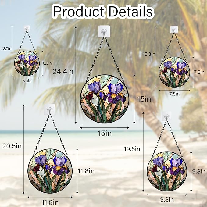 HWRHTR Stained Glass Window Hanging, Purple Blue Iris Birth Flower Suncatcher for Doors Garden Yard Sun Catchers Decor Christmas Mother's Day Birthday Gifts for Teacher Women Mom Nana Wife 7.8 in
