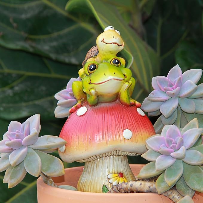 Leekung Turtle Riding Frog Sitting On Mushroom for Garden Decor, Frog Statue&Mushroom Figurines for Outdoor Garden Backyard Yard Porch Patio Lawn, Spring Decorations Gardening Gifts for Women Unique