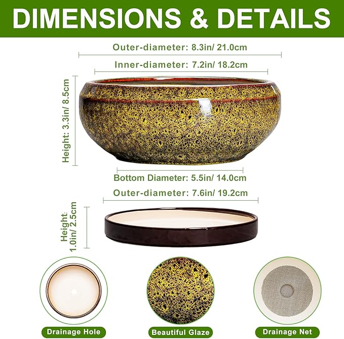 EPFamily Succulent Planters 8 Inch - Ceramic Bonsai Pots with Drainage Hole and Tray, Shallow Plant Pot Indoor Outdoor, Round Succulent Pots, Planter Bowl, Porch Decor, Housewarming Gifts, Yellow