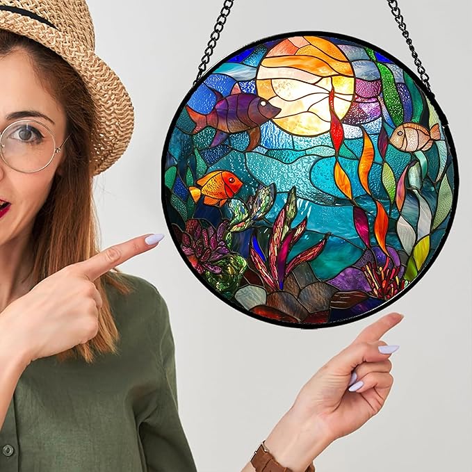 Stained Glass Window Hanging - Blue Ocean World Small Fish Coral Sun Catcher for Door Garden Home Decor Sea Suncatcher Christmas Mother's Day Birthday Gifts for Women Men Mom Nana 7.8 in