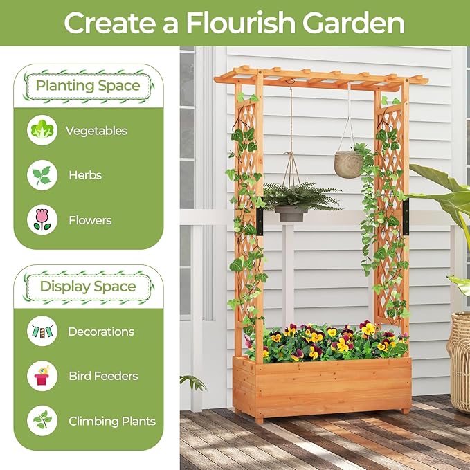 HAPPYGRILL 72" Raised Garden Bed with Trellis, 2 Pack Freestanding Wood Planter Box w/Hanging Roof & 2 Drainage Holes for Vine Climbing Plants Flowers, Outdoor Planter w/Trellis for Garden Patio