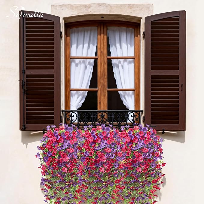 Serwalin 6PCS Artificial Fall Flowers for Outdoors Decoration, Realistic Silk Artificial Fall Hanging Flowers for Patio, Garden, Porch, Window, Outside (Purple& Hot Pink,6PCS)