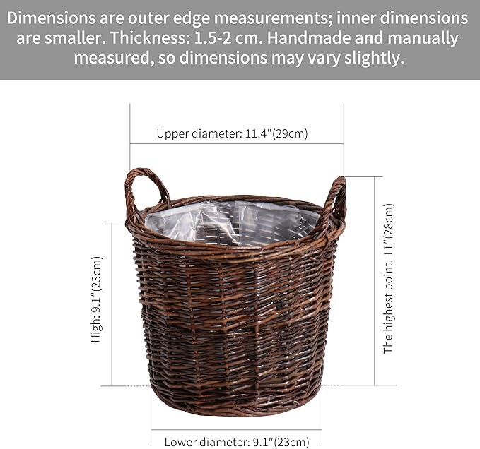 Handwoven Red Willow Planter Basket with Waterproof Liner – Natural Brown Decorative Flower Pot Holder for Indoor Use - Medium Size (Inner Top Ø 10", Inner Height 8")