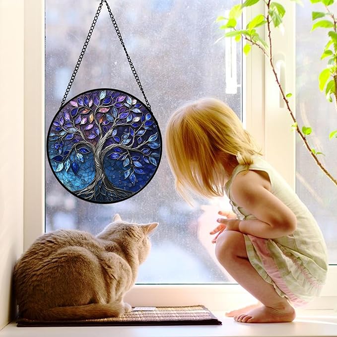 DASTOLL Stained Glass Window Hanging, Blue Purple Tree of Life Sun Catchers Colorful Glass Panel Plants Suncatcher Decor for Birthday for Women,Men,Wife, Lovers, and Mom 9.8 in