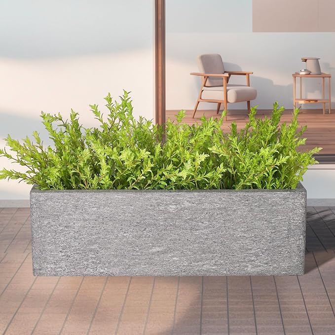 TerraDeco 24 Inch Rectangular Concrete Planter,Durable All-Weather Use with Drainage Holes,Large Rectangular Planter for Outdoor Indoor Plants