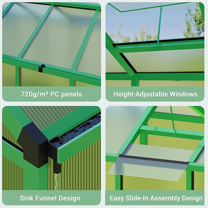 6X10FT Outdoor Greenhouse, Aluminum Polycarbonate House, Green Houses for Outside with Sliding Doors, Ajustable Roof Vent, Withstands Bad Weather for Garden, or Backyard, Green
