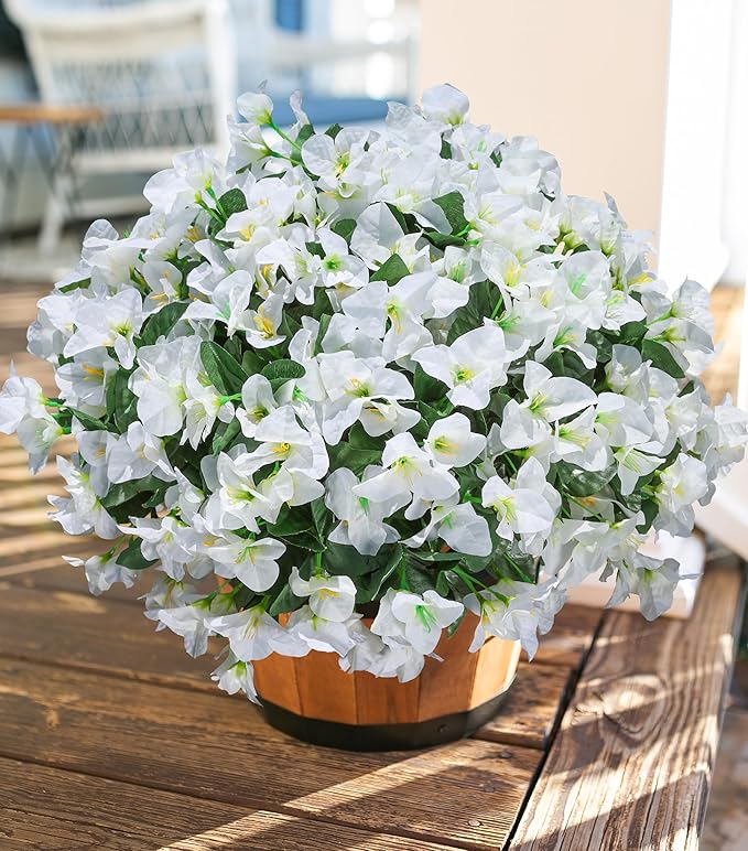 Artificial Bougainvillea Flowers for Outdoors Fake Plants, 4 Bundles White Fake Spring Flowers Silk UV Resistant Look Real Faux Flowers for Outdoor Planters Porch Patio Window Garden Outside Decor