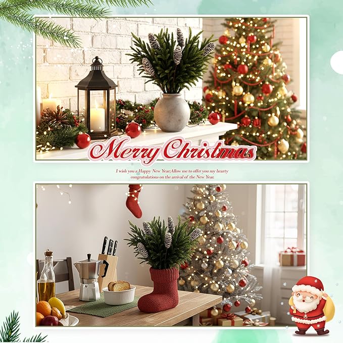 24 Pcs 23 Inch Christmas Realistic Norfolk Pine Branch Set with Pine Cones Stems Artificial Green Plants Branches Faux Greenery Stem Fake Cedar Picks for Vase DIY Garland Wreath Home Decor