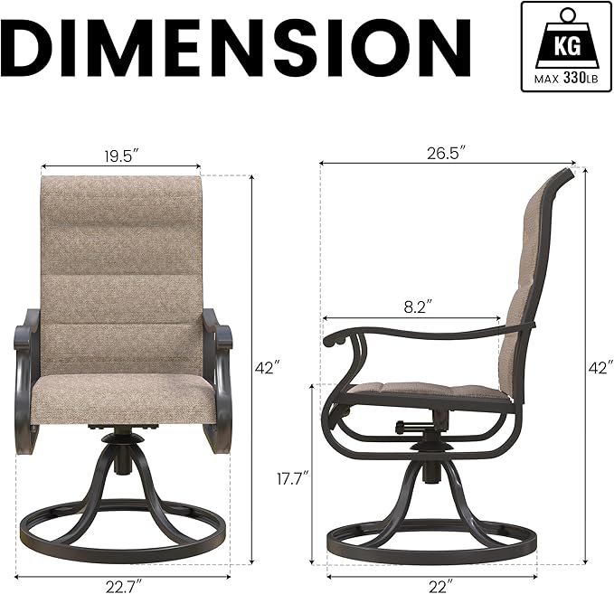 Patio Swivel Chairs Set of 2, Outdoor Dining Chairs with High Back, All-Weather Swivel Rocker Chair for Lawn, Porch or Garden (Padded Brown)