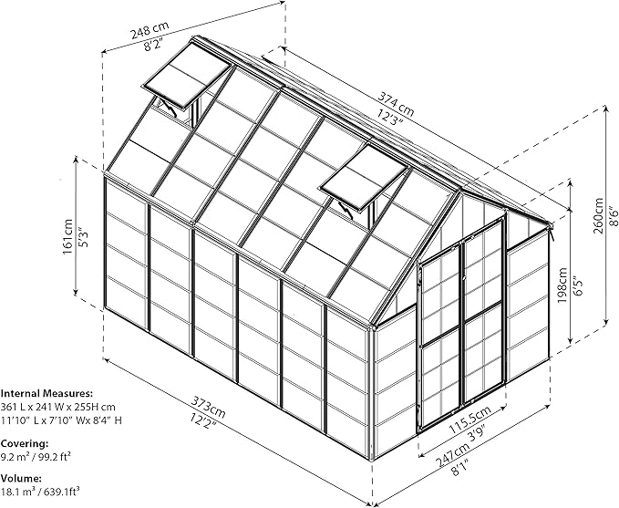 Palram - Canopia Snap & Grow 8 Ft. x 12 Ft. Greenhouse Kit Hobby DIY Walk In Green House Heavy Duty Polycarbonate, Aluminium Frame, with Lockable Door and Vent for Outdoors, Garden, Backyard In Silver