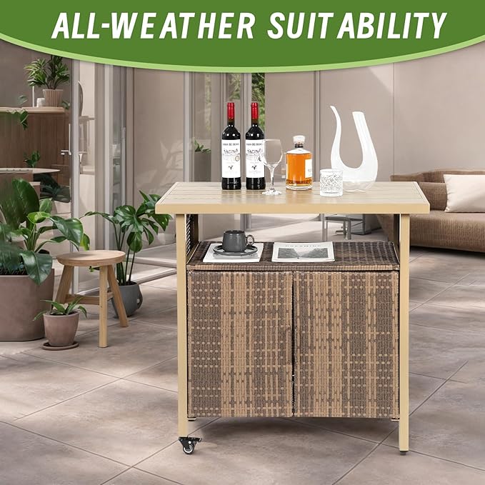 Outdoor Wicker Bar Cart, 35.43" Patio Wine Serving Cart with Plastic Wood Top, Rolling Rattan Beverage Bar Table with Wheels & Storage for Garden, Backyard & Poolside, Beige