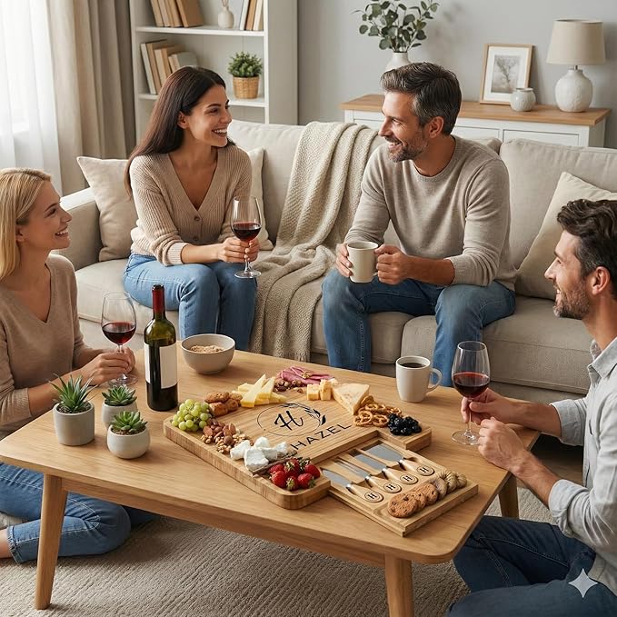 Personalized Charcuterie Board Set, Custom Engraved Bamboo Cheese Board, Christmas, Wedding and Housewarming Gift for Couples, Anniversary and Bridal Shower (1 DRAWER)