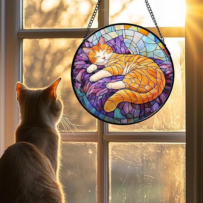 Stained Glass Window Hanging Sleeping Orange Cat Large 15" - Memorial Gift Suncatcher Door Sun Catcher Decor Birthday Christmas for Lost Pets Mom Men Woman Friend