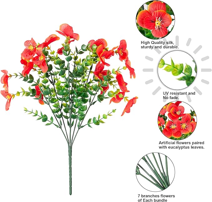 Artificial Pansies Faux Flowers Plants for Outdoor Outside Decoration, 12 Bundles Fake Pansy UV Resistant Realistic Silk Flowers Bouquets with Eucalyptus for Planter Front Door Garden Porch Patio Yard