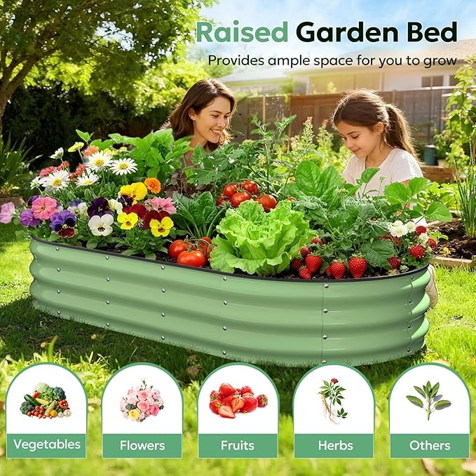 Galvanized Raised Garden Bed, Oval Planter Raised Bed 6x3x1ft Metal Raised Garden Bed Outdoor for Growing Vegetables, Flowers, Herbs, Metal Planter Box for Yard, Patios, Balconies(Fruit Green)