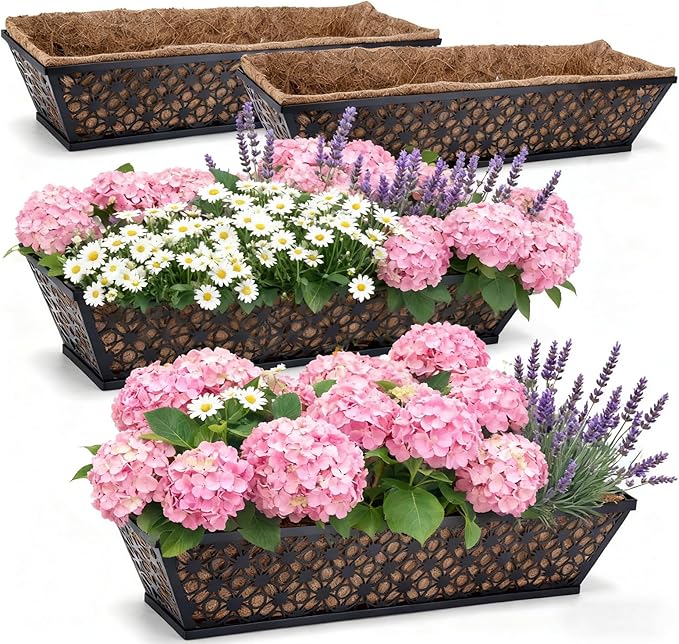 4 Pack 24 Inch Window Box Planters Outdoor,Deck Railing Planter Boxes with Coco Liner,Metal Hanging Window Flower Boxes for Balcony Fence Porch Garden Railing – Outdoor Window Flower Box