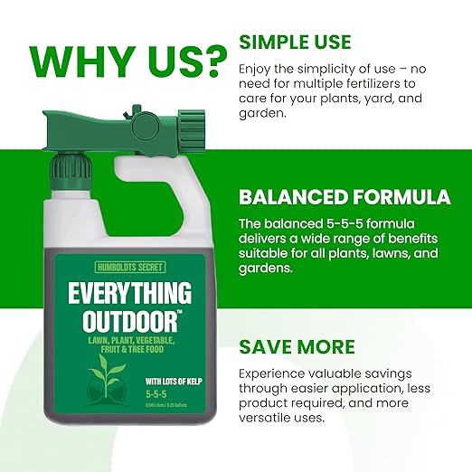 Humboldts Secret Everything Outdoor Plant Food | 5-5-5 Liquid Fertilizer with Norwegian Kelp | All Purpose Lawn, Vegetable & Fruit Food | Garden Nutrients | Refillable Hose End Bottle | 32 Ounce