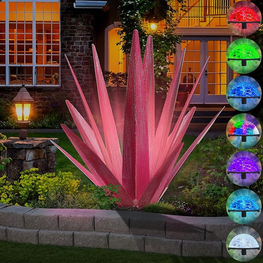 KODIBO Large Tequila Rustic Sculpture, Rustic Metal Agave Plants for Outdoor Patio Yard, Home Decor Hand Painted Metal Agave Garden Yard Statue, Outdoor Lawn Ornaments (Rose Red - L (W/Solar Light))