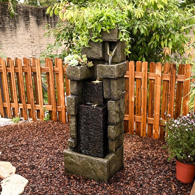 YZM 42.72" H Stacked Brick Style Outdoor Water Fountain with LED Lights Vertical Cascading Water Feature for Garden Patio Balcony and Yard Decor