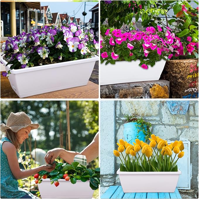 CHUKEMAOYI Window Box Planter, 7 Pack Plastic Vegetable Flower Planters Boxes 17 Inches Rectangular Flower Pots with Saucers for Indoor Outdoor Garden, Patio, Home Decor (White)