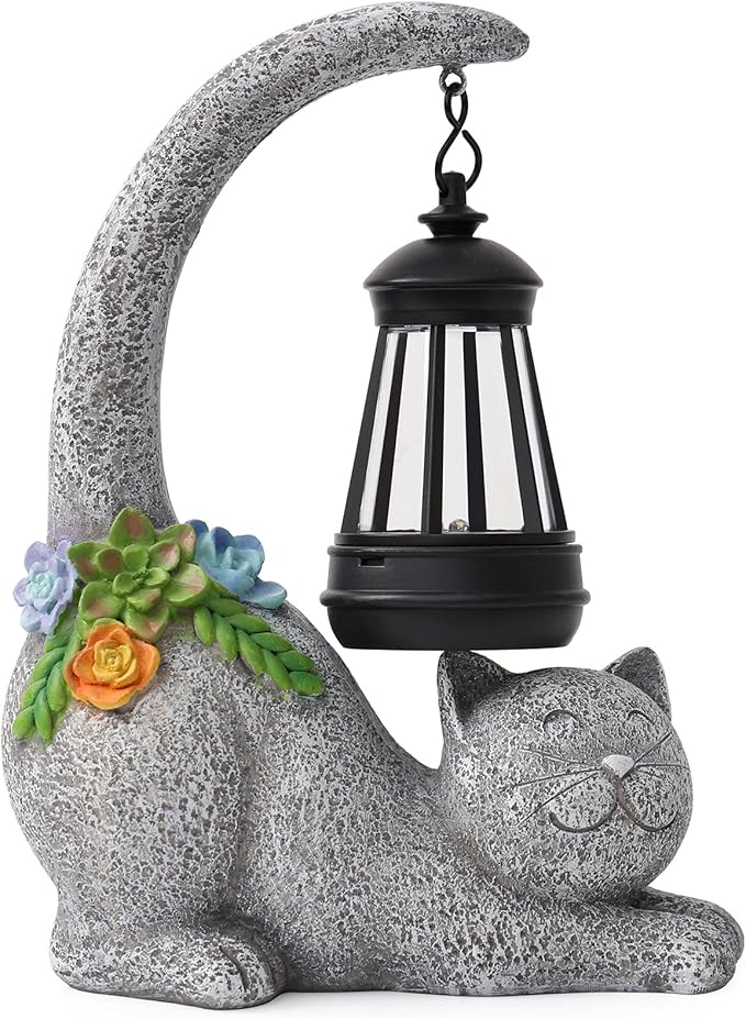 Ploxoiven Garden Cute Cat Gnome Statue Decorations - Solar Resin Cat wtih Solar Garden Lights Outdoor Decorations Waterproof for Patio,Yard,Lawn,