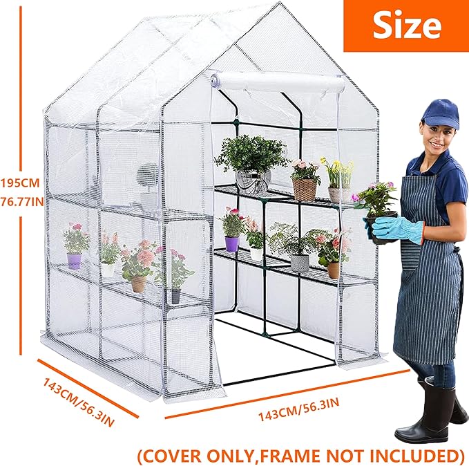 Greenhouse Replacement Cover, 56×56×76 Inches PE Walk-in Greenhouse Cover for Gardening Plants w/Roll-Up Zipper Door, Waterproof Frost Protection Wind Rain Proof, Easy Assembly (No Frames Include)